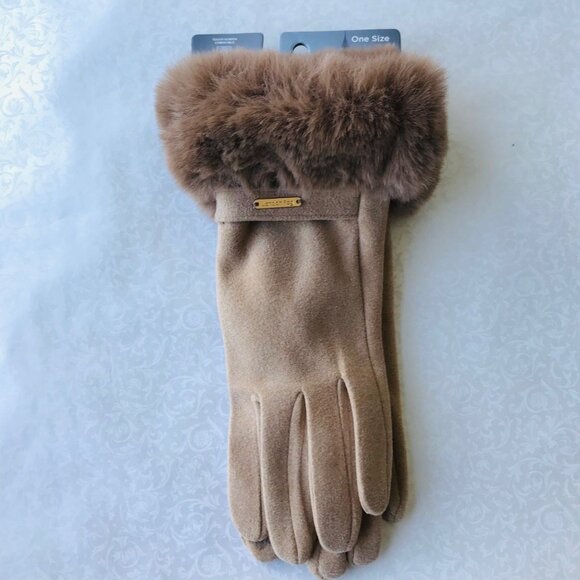 London Fog Faux Fur Gloves Women’s  Touch Screen Compatible Tan NWT - Picture 1 of 4